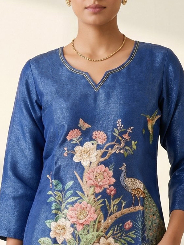 Blue Printed Cotton Blend V Neck Straight Kurta With Pant