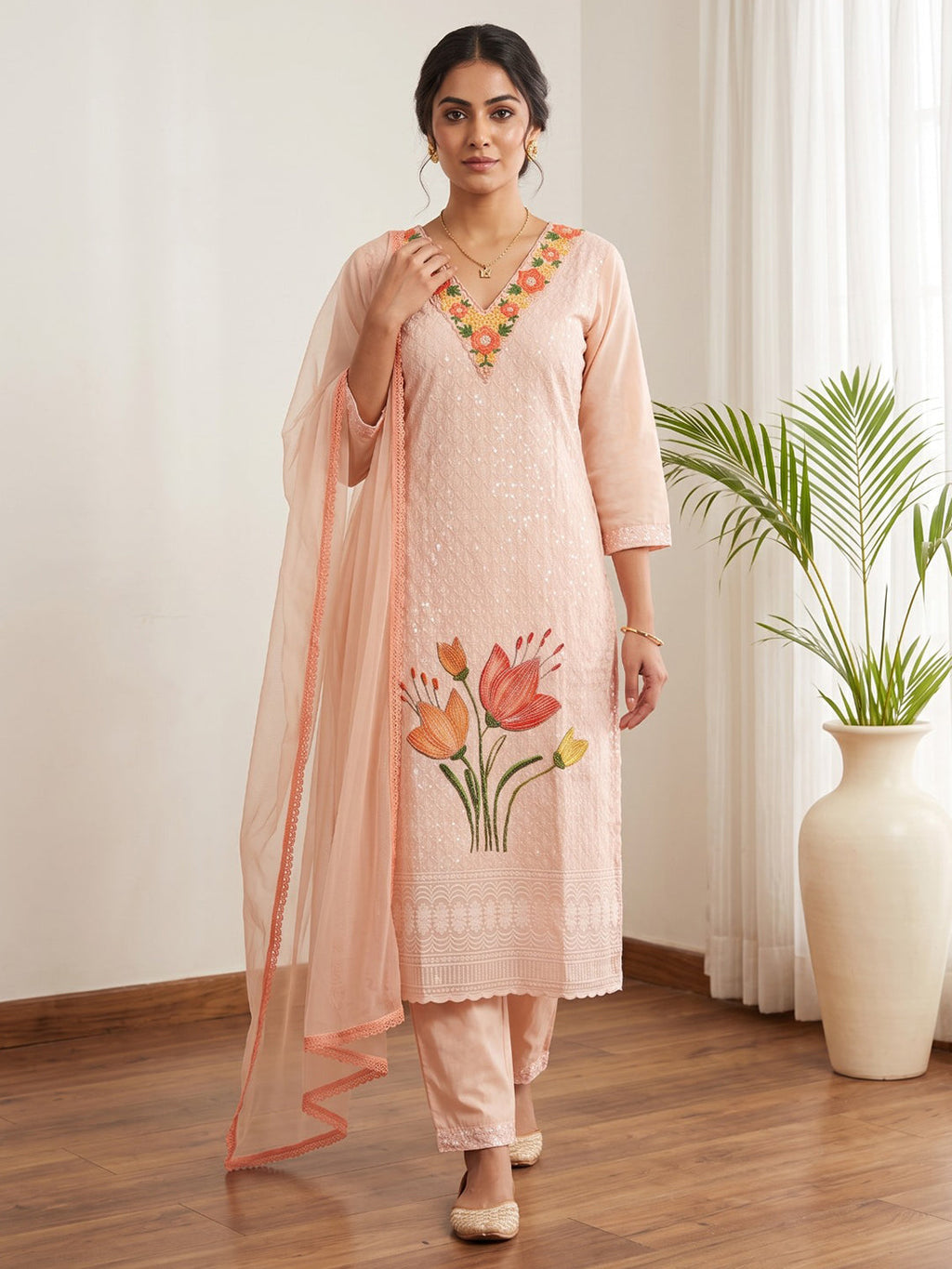 Peach Printed Cotton Blend Kurta With Pant & Dupatta