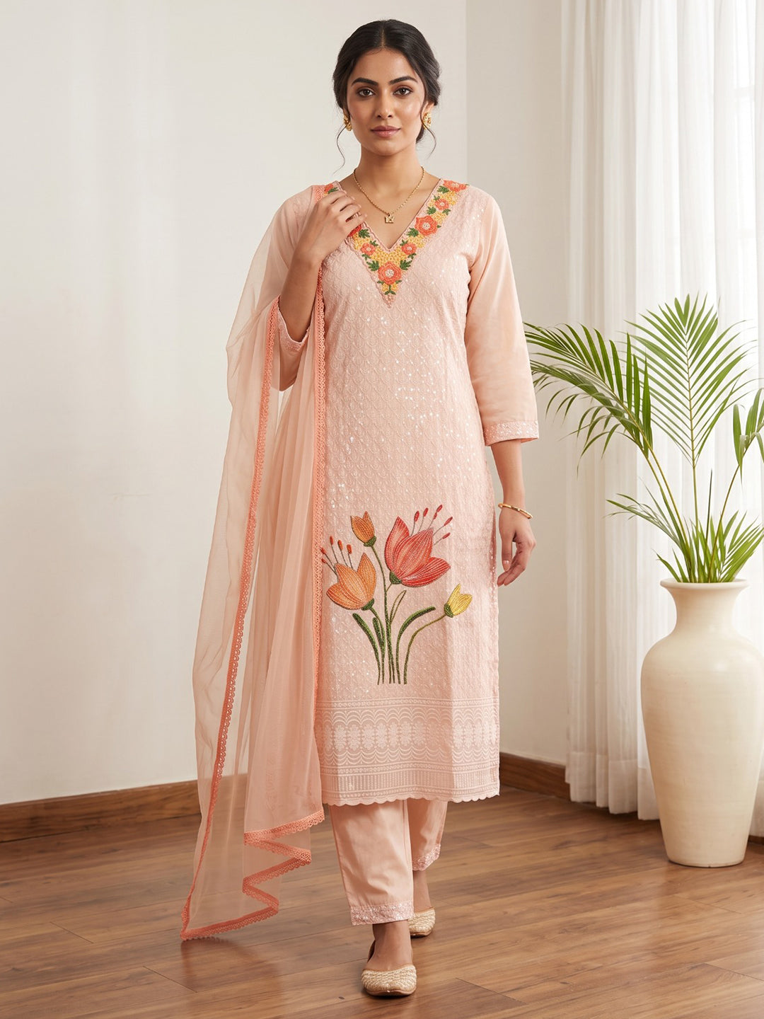 Peach Printed Cotton Blend Kurta With Pant & Dupatta