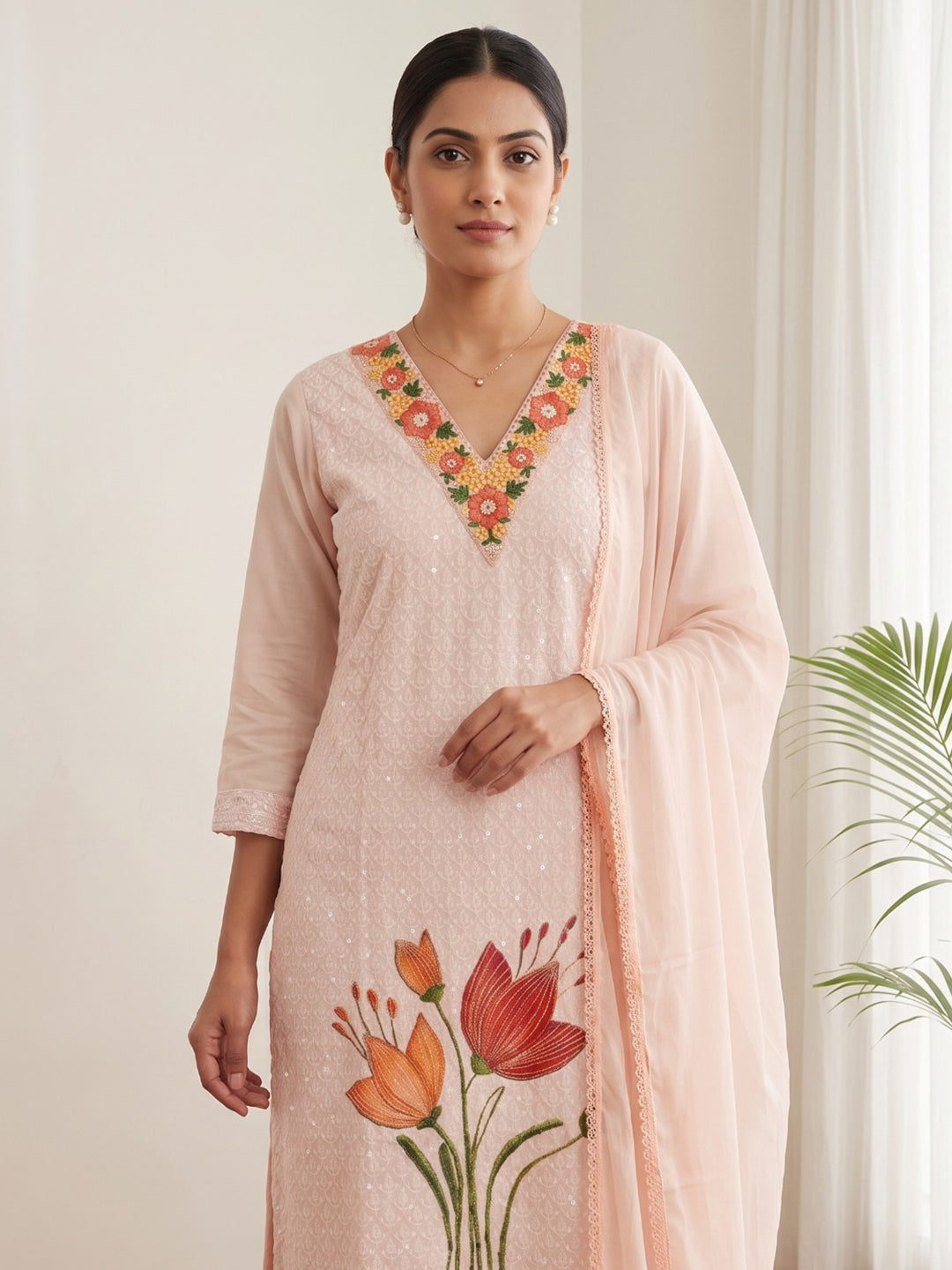 Peach Printed Cotton Blend Kurta With Pant & Dupatta