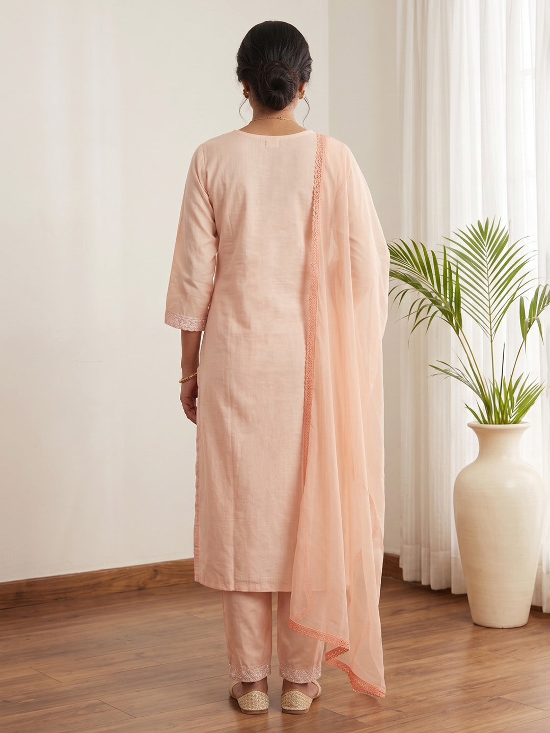 Peach Printed Cotton Blend Kurta With Pant & Dupatta