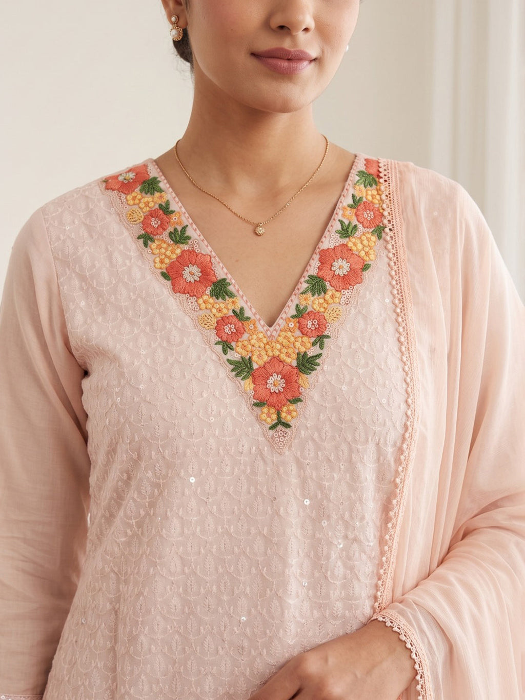 Peach Printed Cotton Blend Kurta With Pant & Dupatta