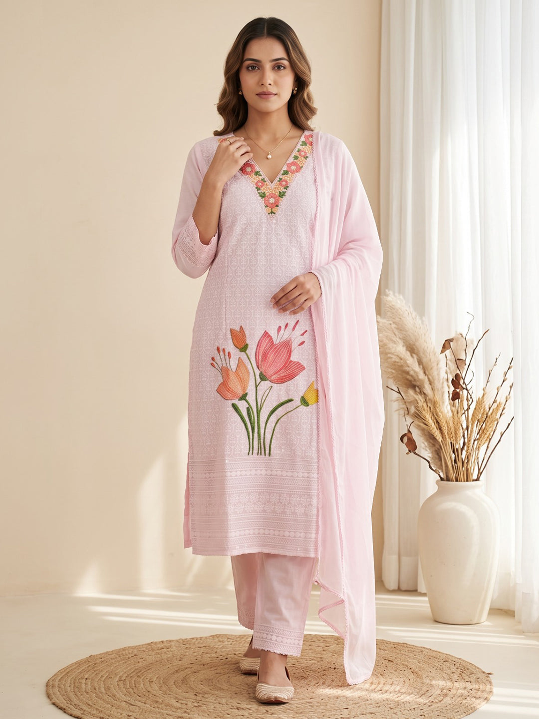 Pink Printed Cotton Blend Kurta With Pant & Dupatta