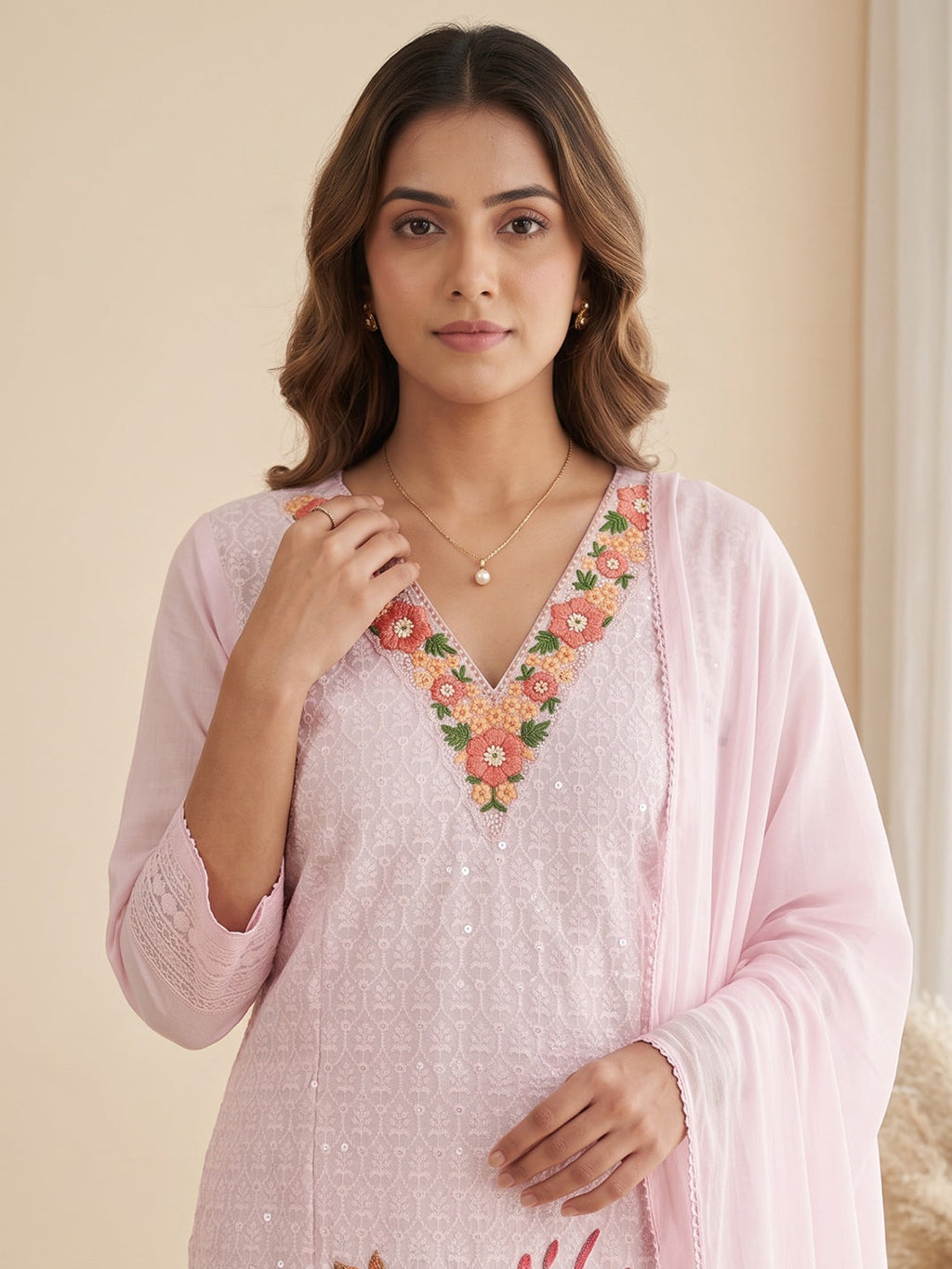 Pink Printed Cotton Blend Kurta With Pant & Dupatta