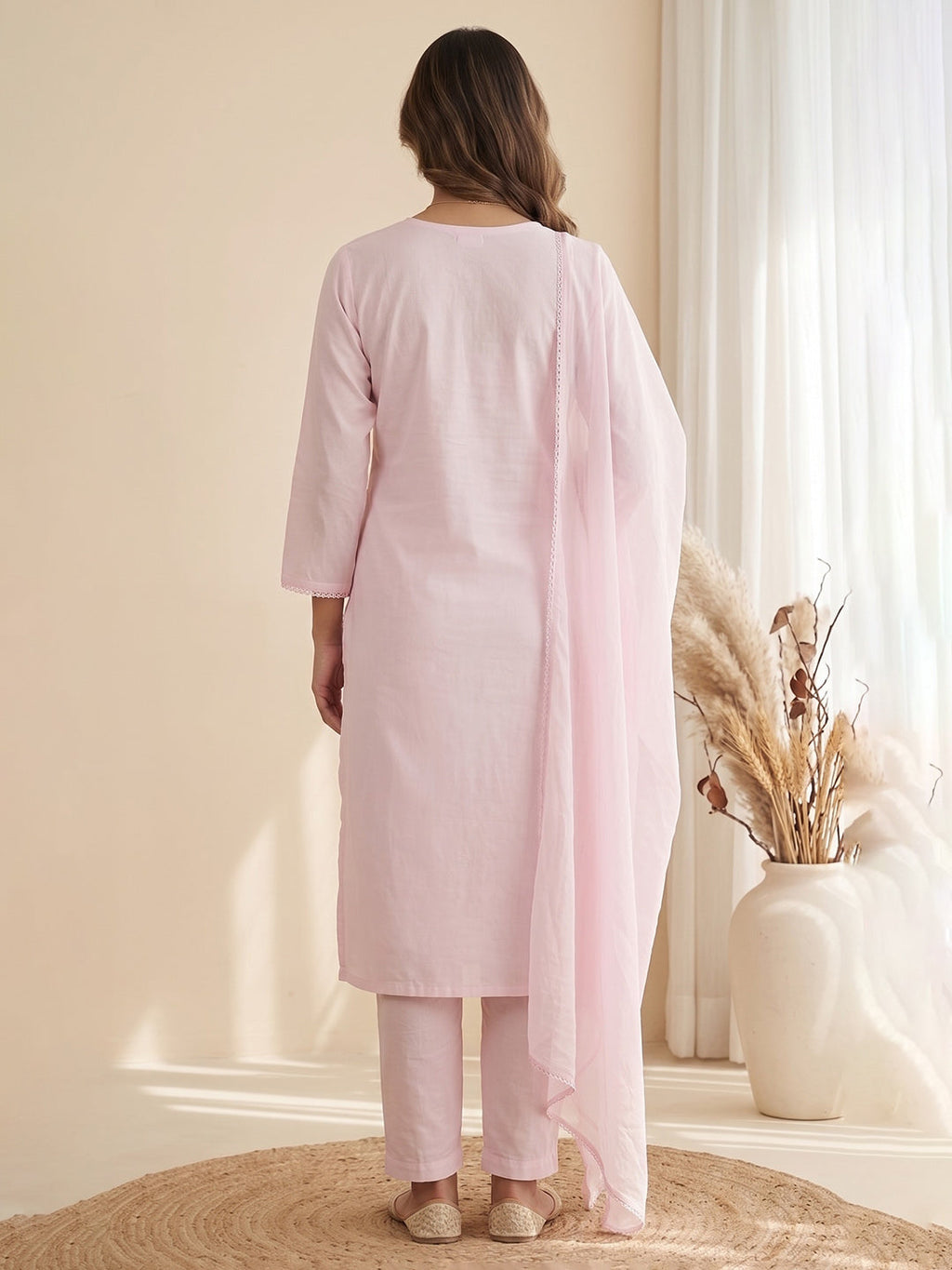 Pink Printed Cotton Blend Kurta With Pant & Dupatta