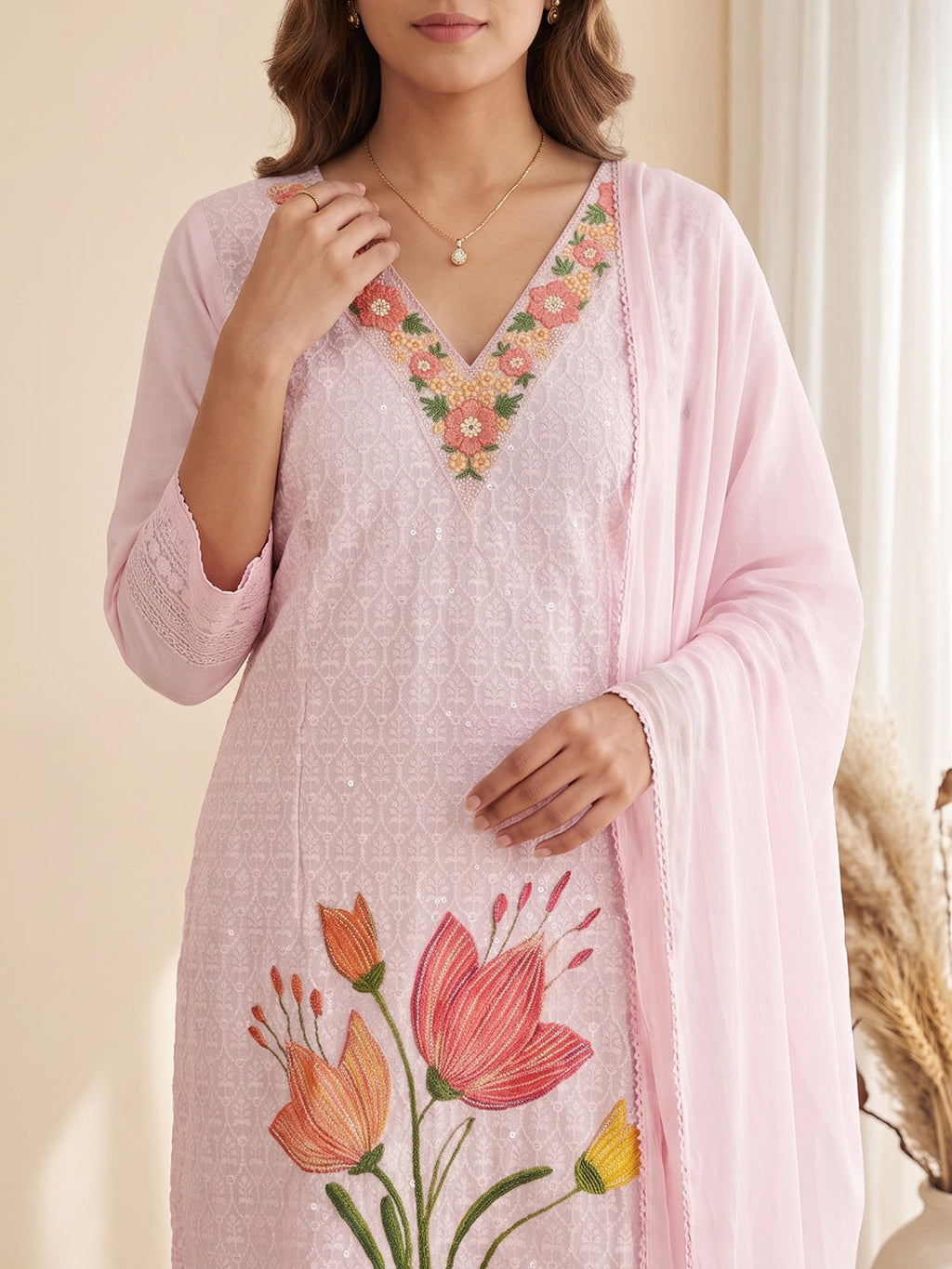Pink Printed Cotton Blend Kurta With Pant & Dupatta