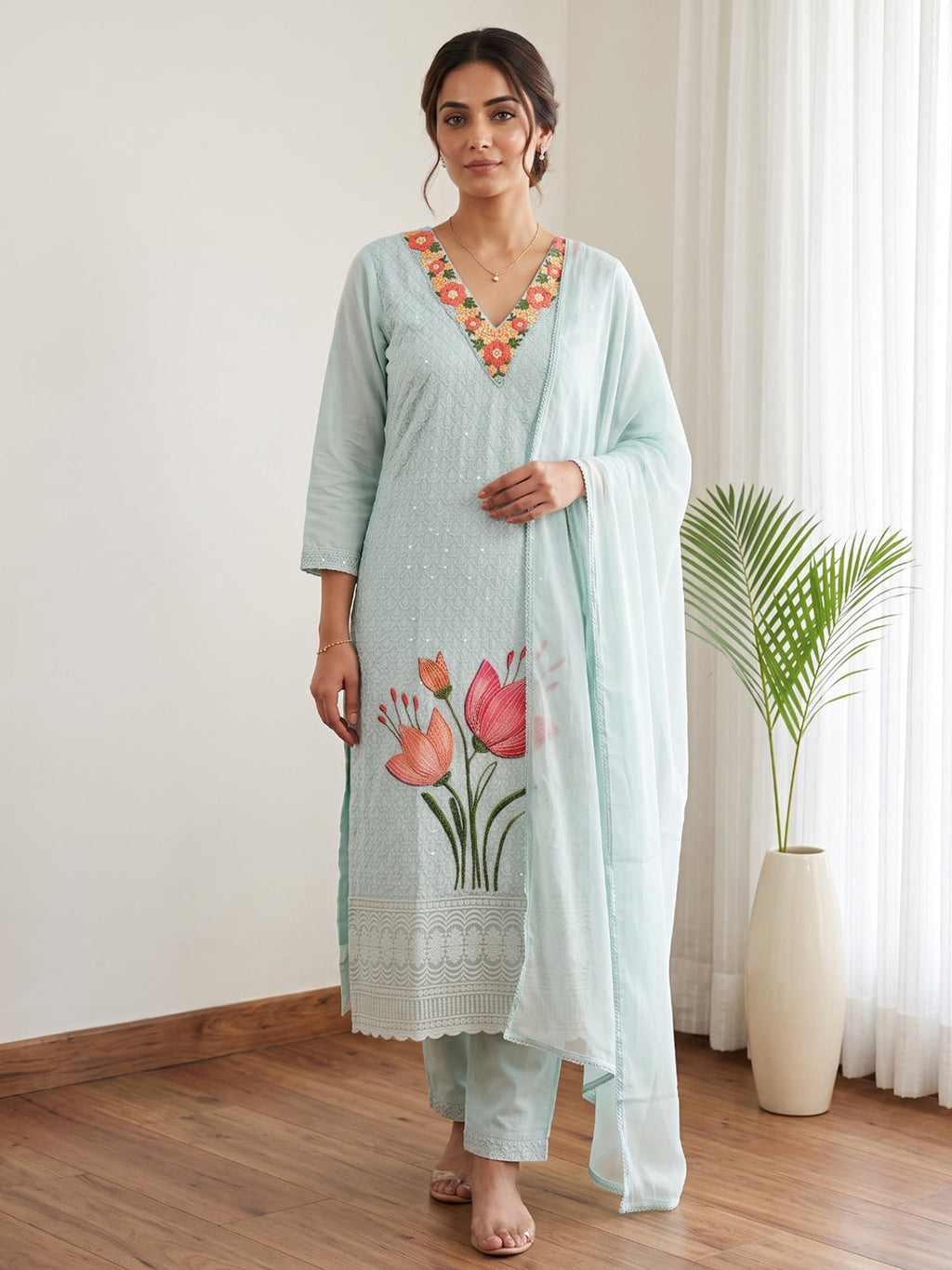 Sky Blue Printed Cotton Blend Kurta With Pant & Dupatta