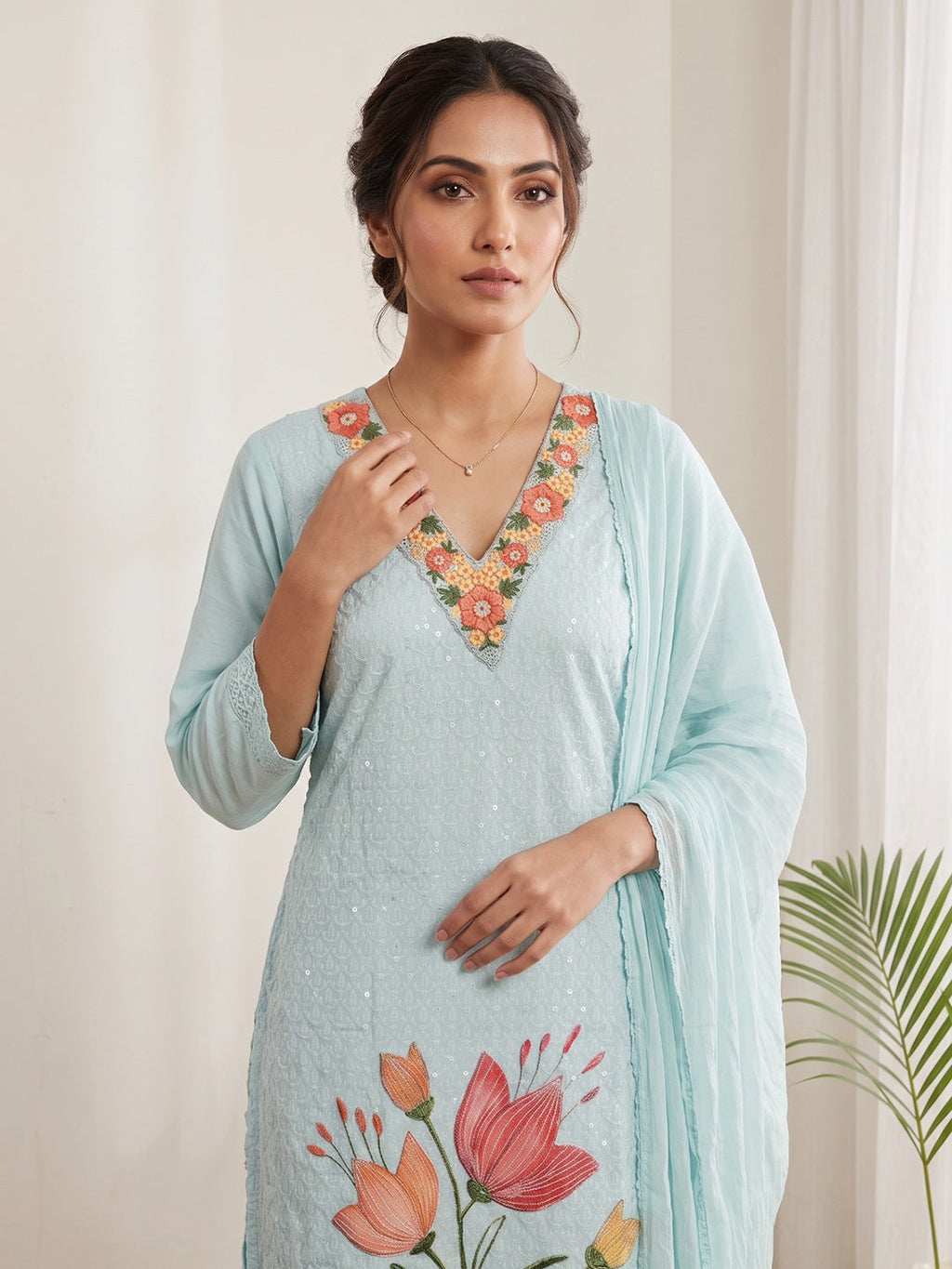 Sky Blue Printed Cotton Blend Kurta With Pant & Dupatta