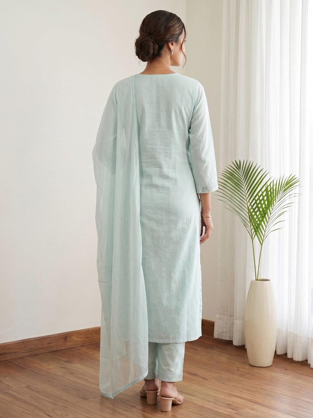 Sky Blue Printed Cotton Blend Kurta With Pant & Dupatta