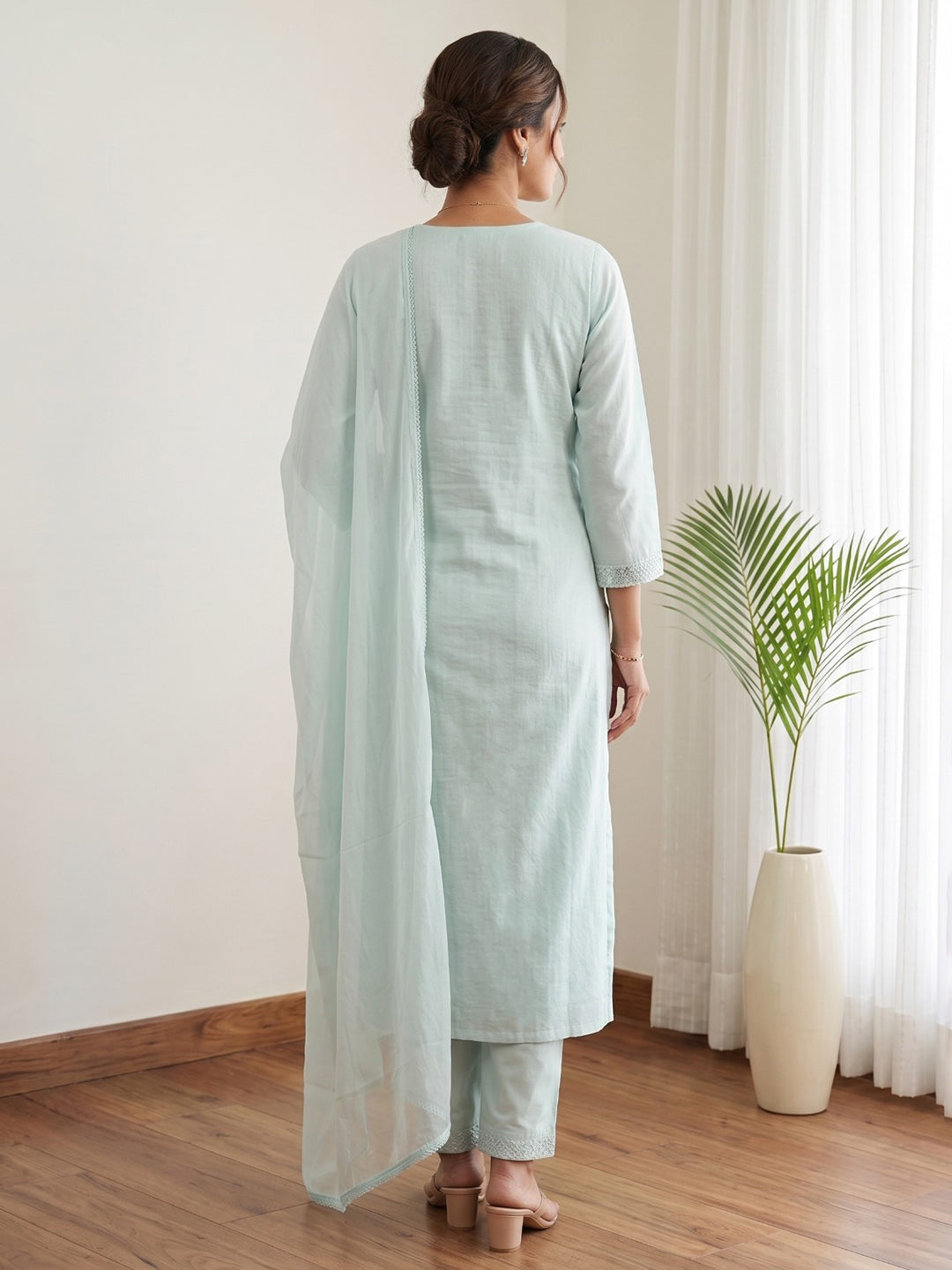Sky Blue Printed Cotton Blend Kurta With Pant & Dupatta