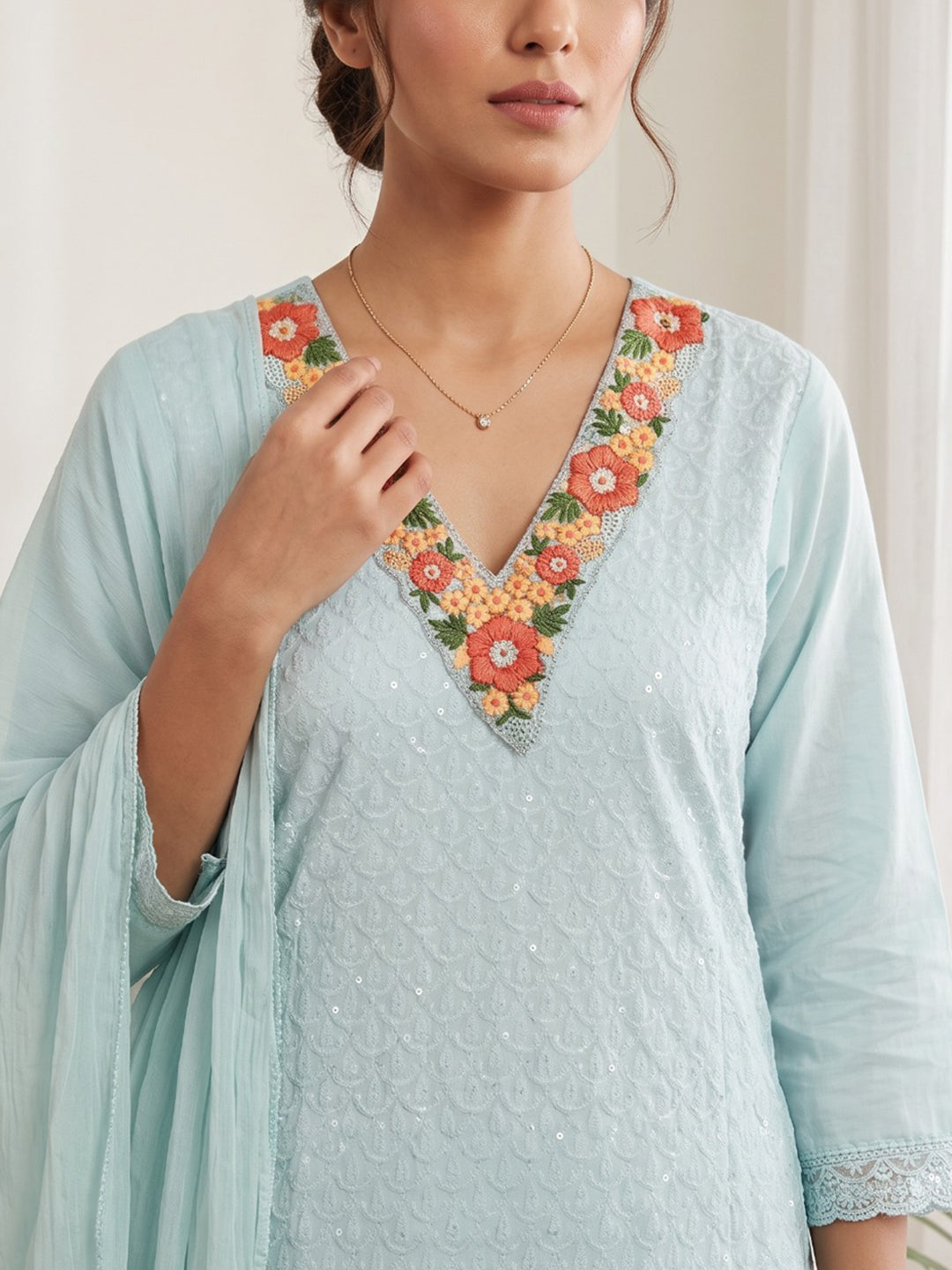 Sky Blue Printed Cotton Blend Kurta With Pant & Dupatta
