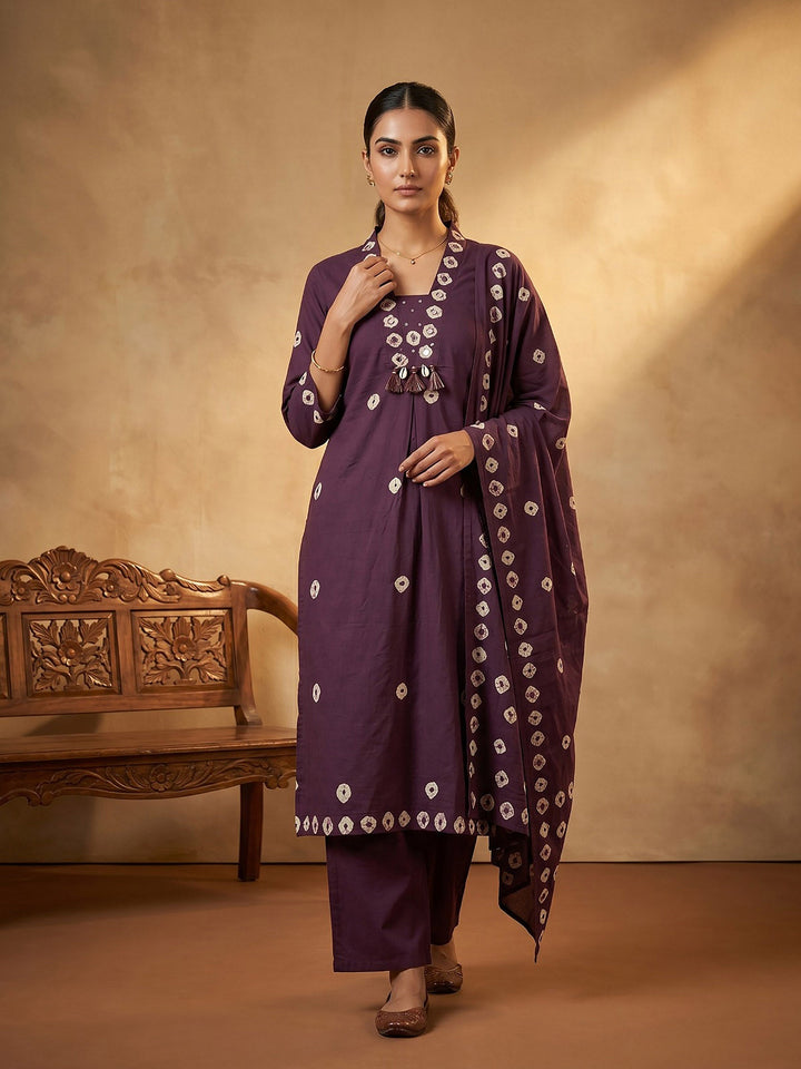 Purple Embroidered Cotton Blend Straight Suit Set With Dupatta