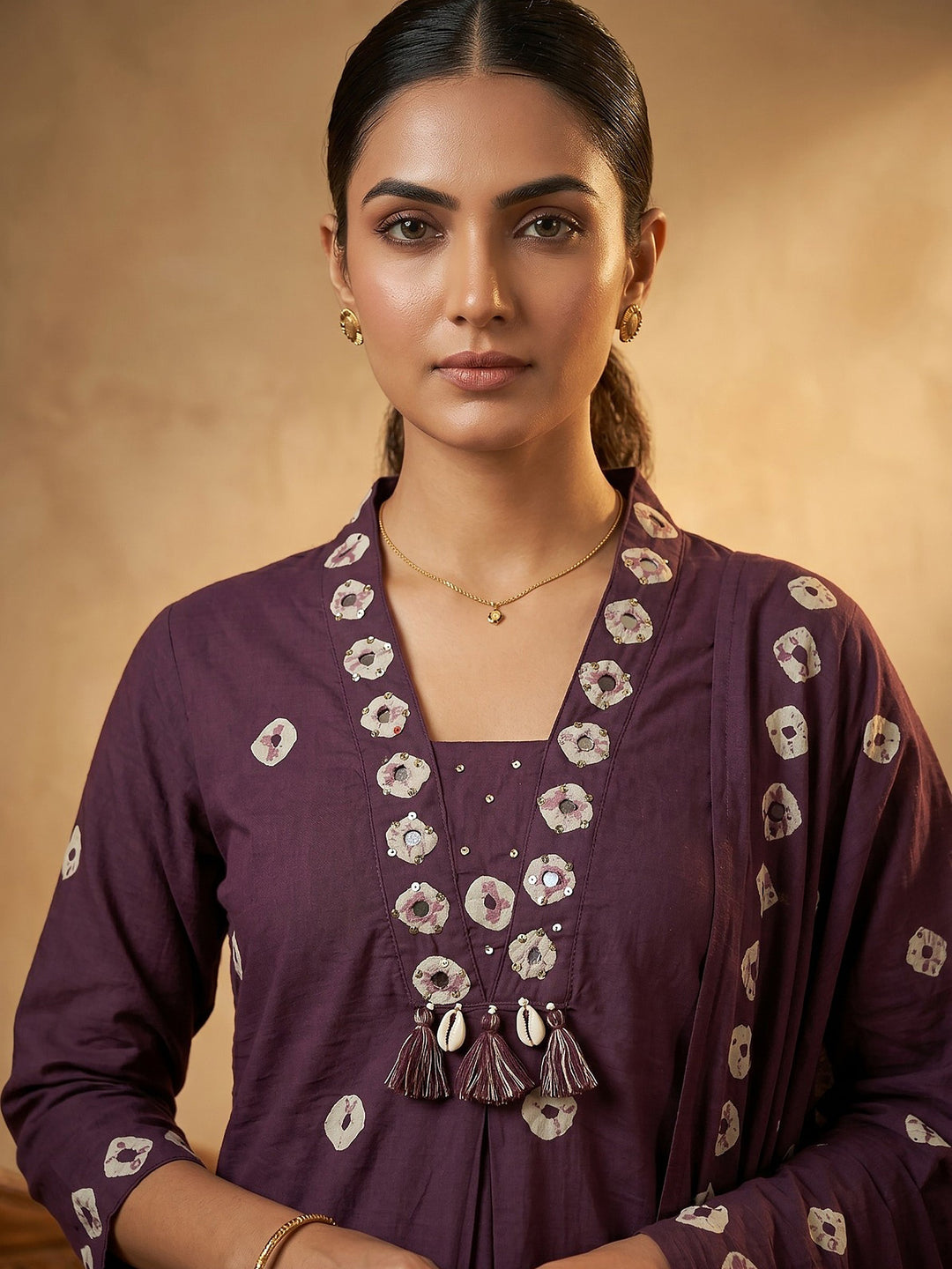 Purple Embroidered Cotton Blend Straight Suit Set With Dupatta