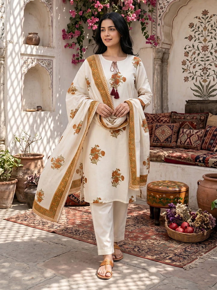Mustard Embroidered Cotton Blend Straight Round Neck Suit Set