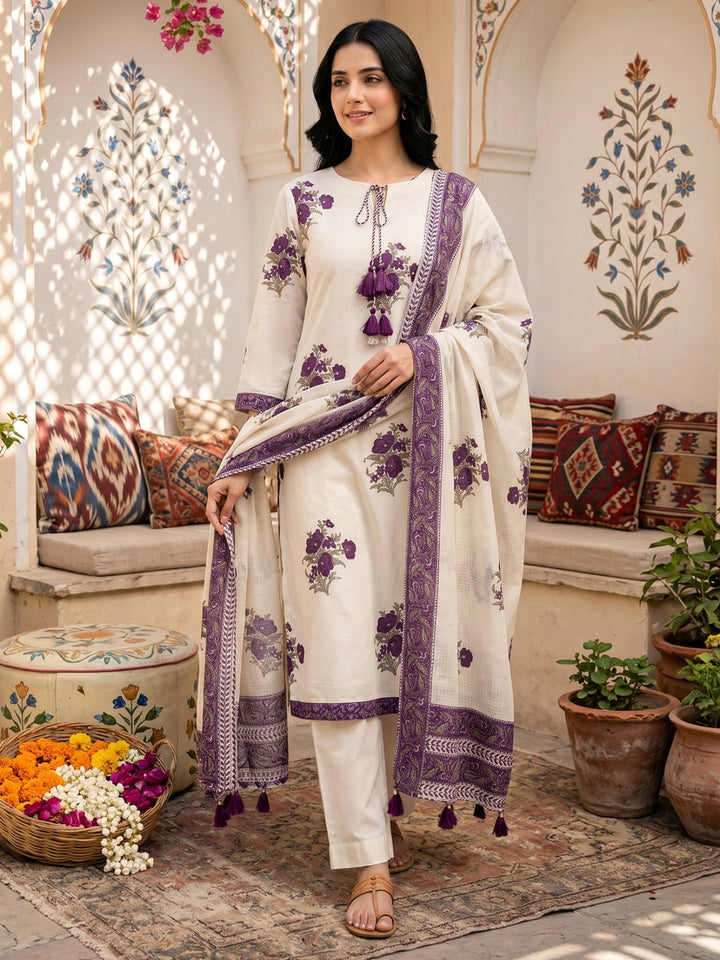 Purple Embroidered Cotton Blend Straight Round Neck Suit Set