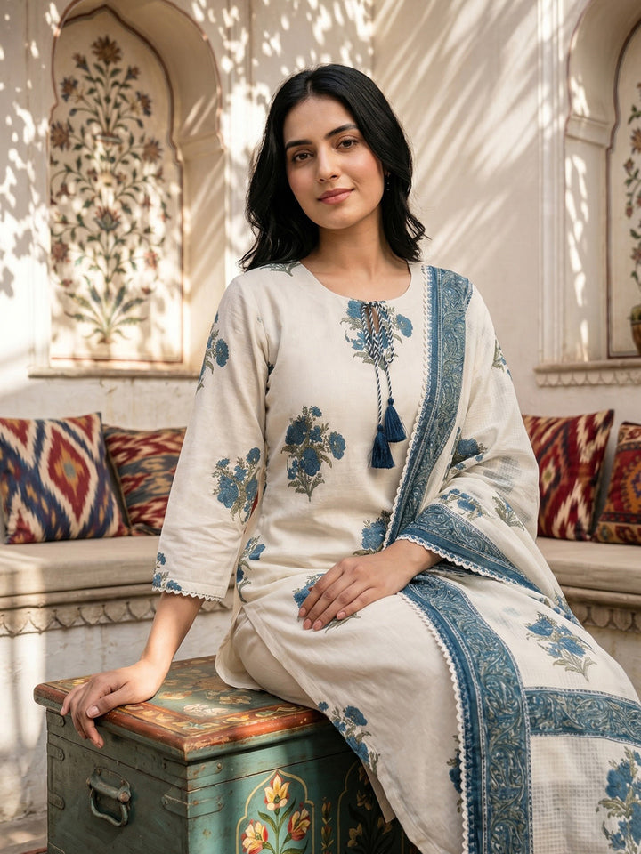 Teal Blue Embroidered Cotton Blend Straight Round Neck Suit Set