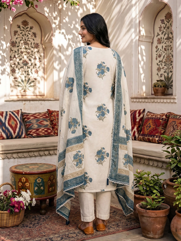 Teal Blue Embroidered Cotton Blend Straight Round Neck Suit Set