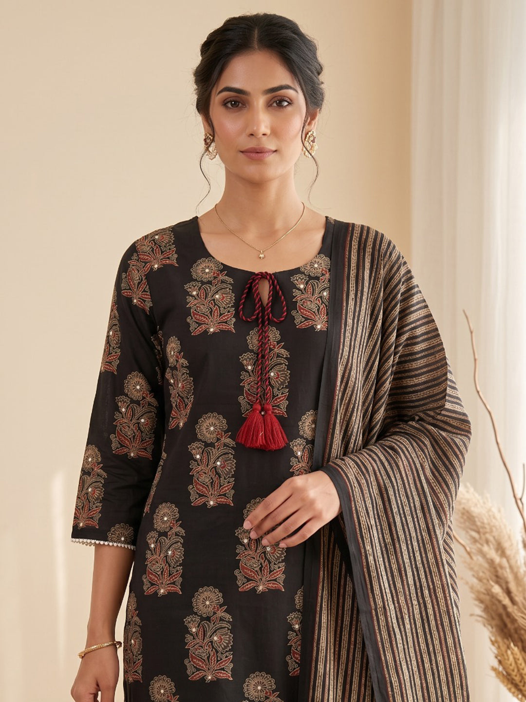 Black Embroidery Cotton Blend Kurta With Pant & Dupatta