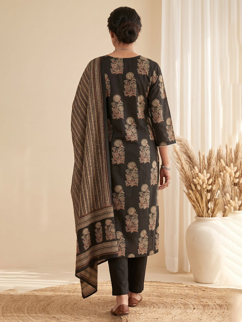 Black Embroidery Cotton Blend Kurta With Pant & Dupatta