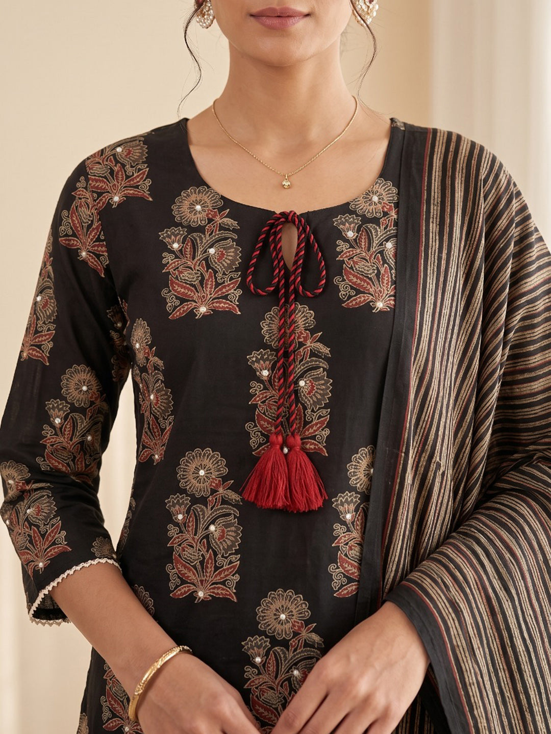 Black Embroidery Cotton Blend Kurta With Pant & Dupatta
