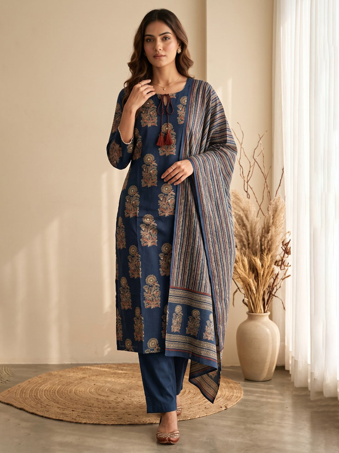 Blue Embroidery Cotton Blend Kurta With Pant & Dupatta