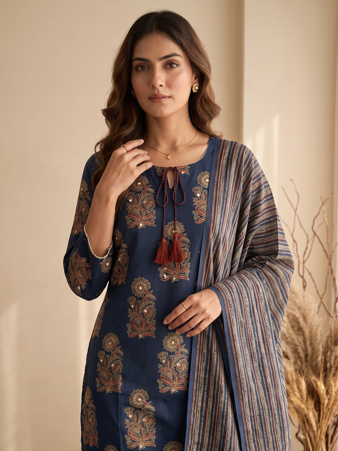 Blue Embroidery Cotton Blend Kurta With Pant & Dupatta
