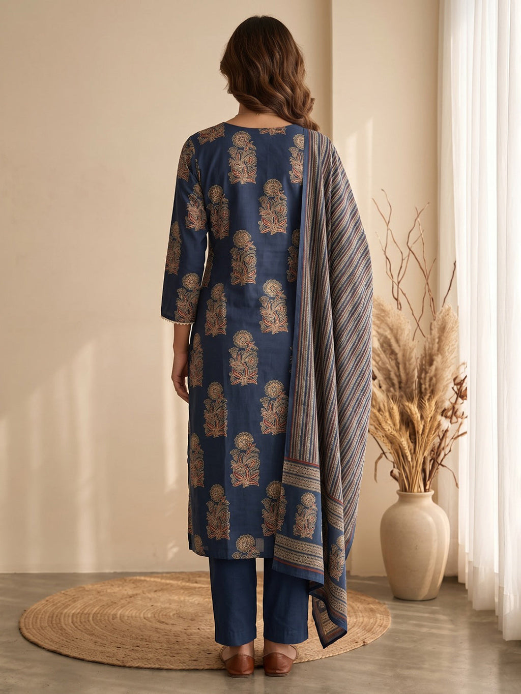 Blue Embroidery Cotton Blend Kurta With Pant & Dupatta