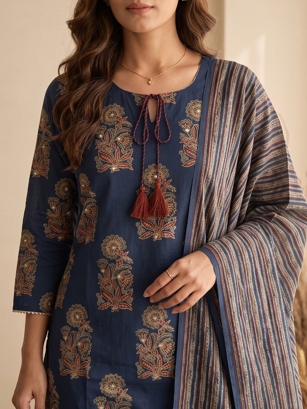 Blue Embroidery Cotton Blend Kurta With Pant & Dupatta