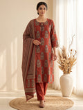 Red Embroidery Cotton Blend Kurta With Pant & Dupatta