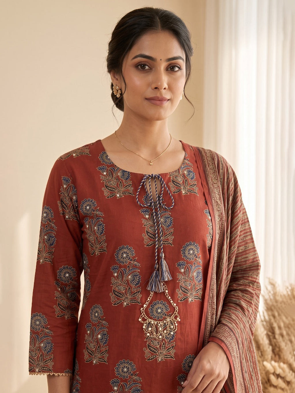 Red Embroidery Cotton Blend Kurta With Pant & Dupatta