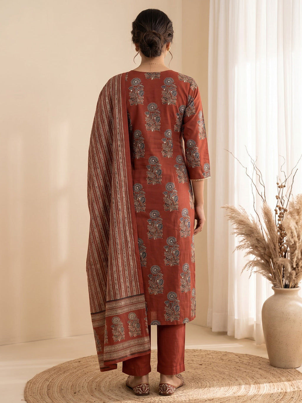 Red Embroidery Cotton Blend Kurta With Pant & Dupatta