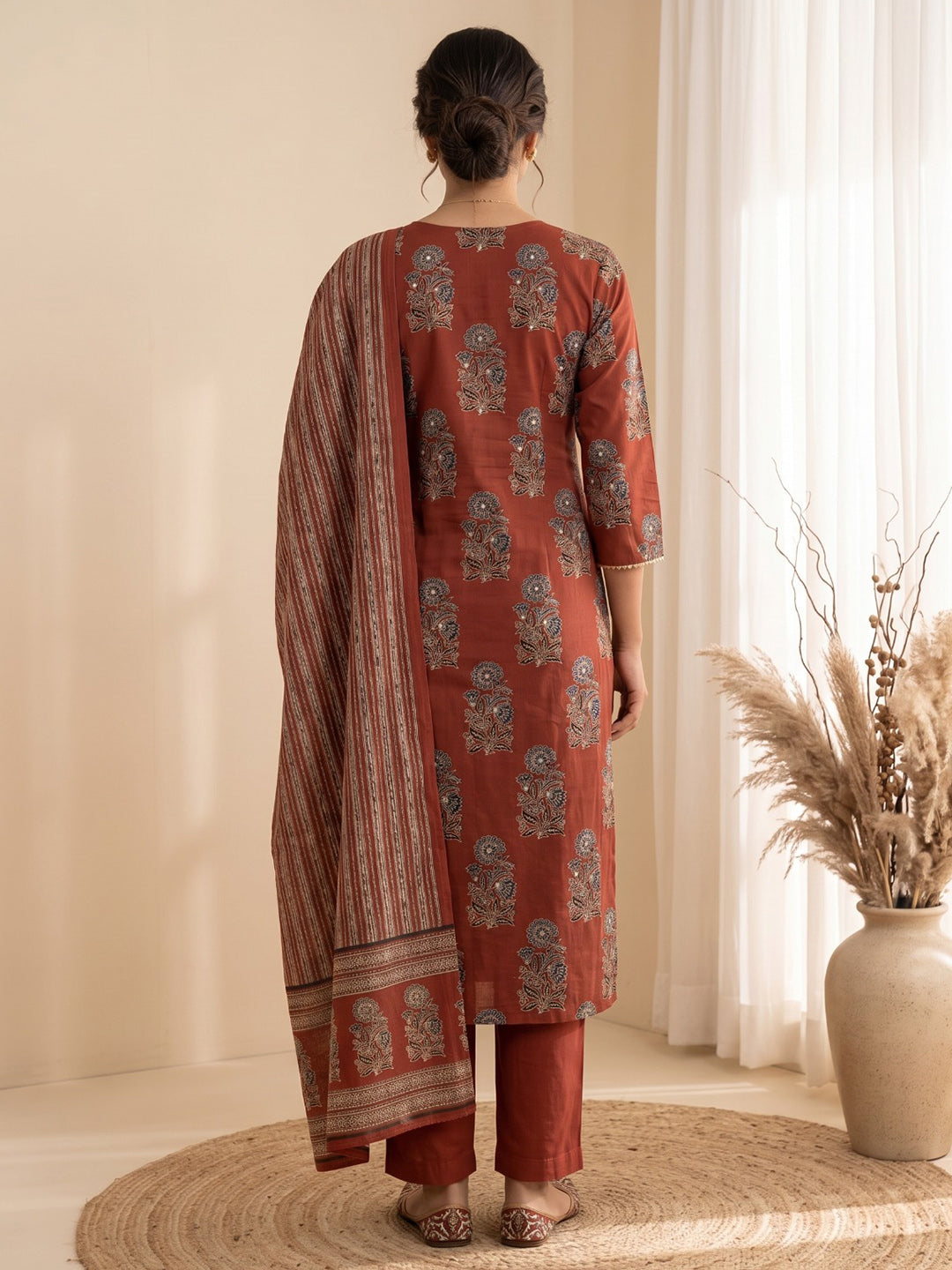 Red Embroidery Cotton Blend Kurta With Pant & Dupatta