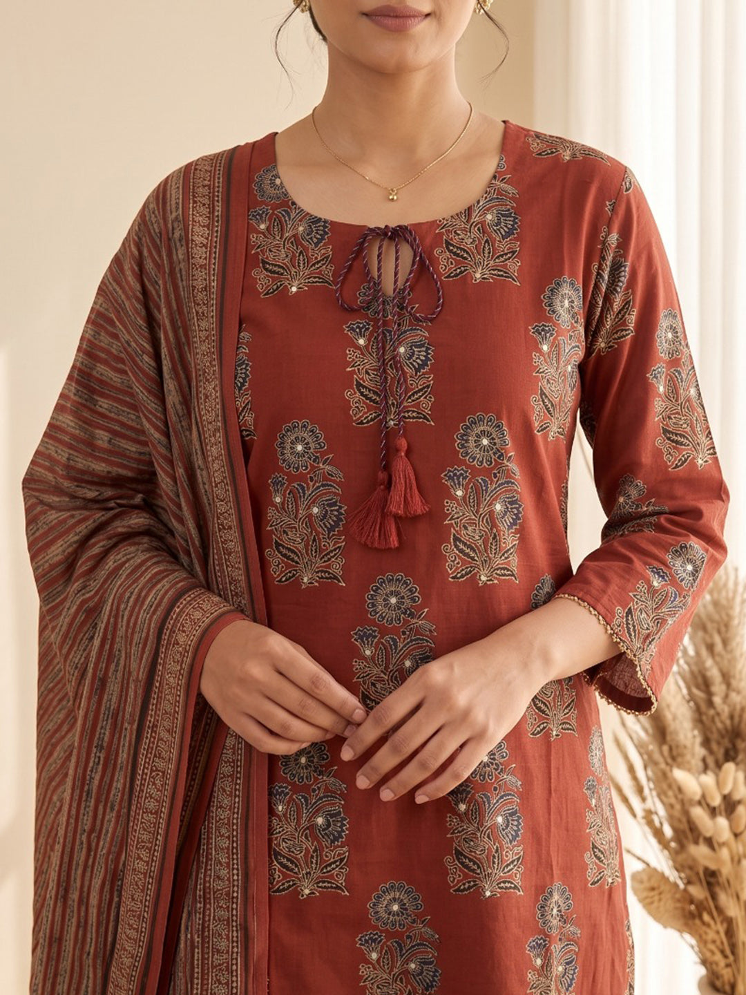 Red Embroidery Cotton Blend Kurta With Pant & Dupatta