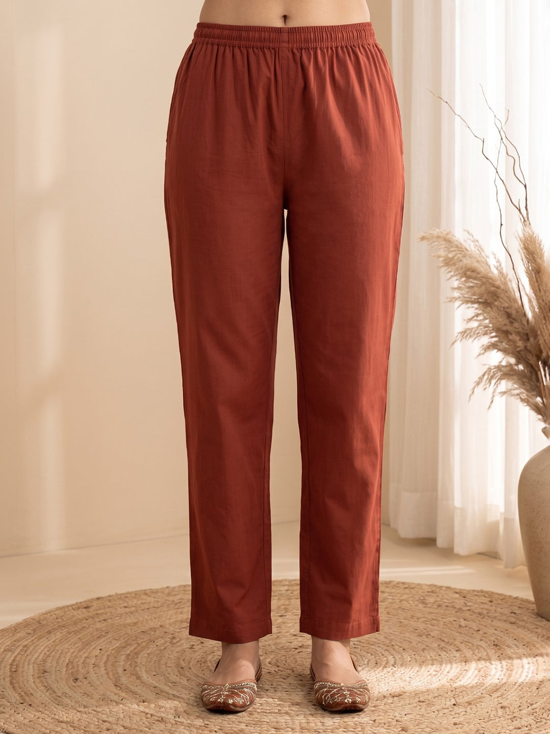 Red Embroidery Cotton Blend Kurta With Pant & Dupatta