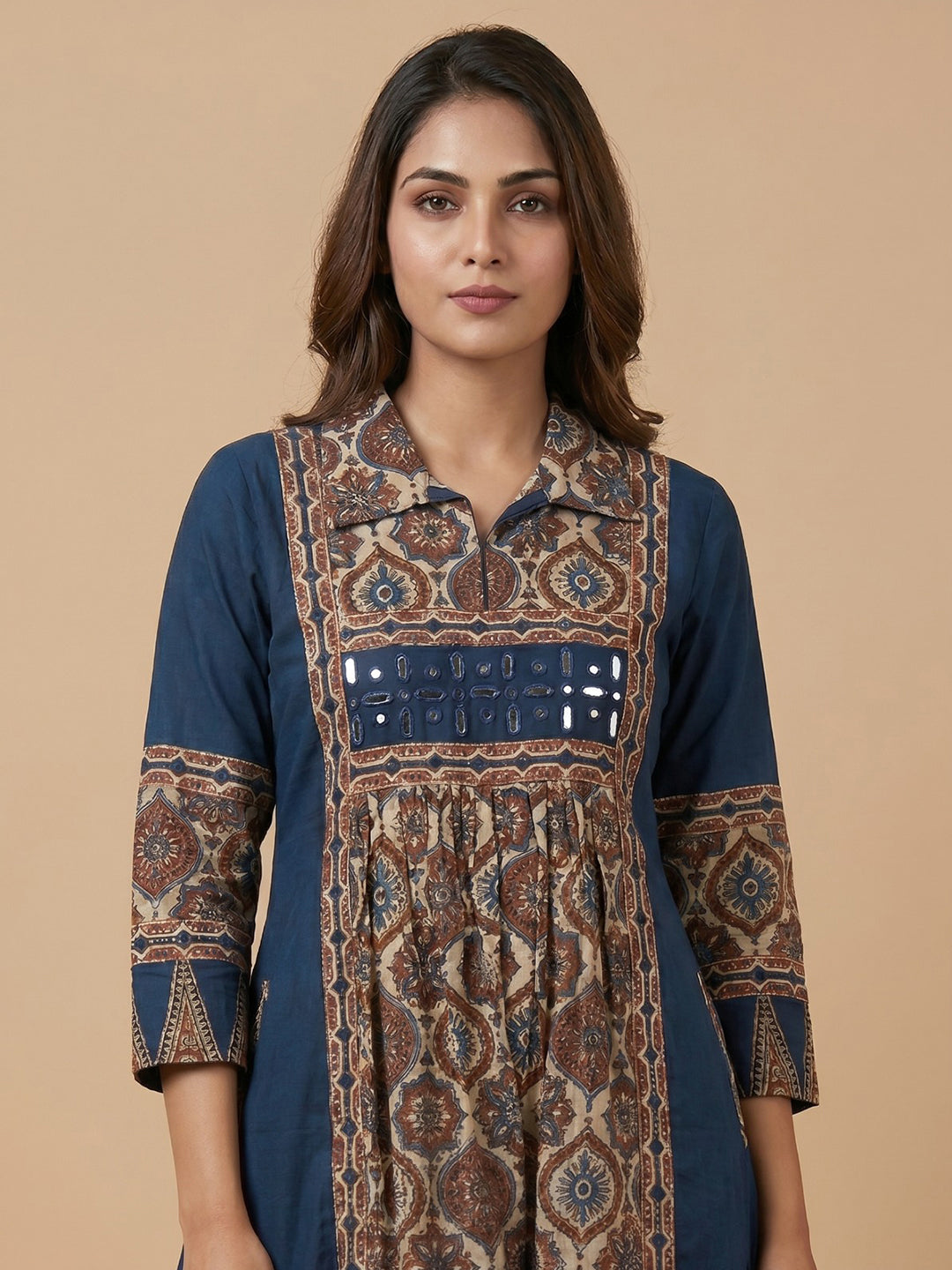 Blue Embroidered Cotton Blend Straight Kurta