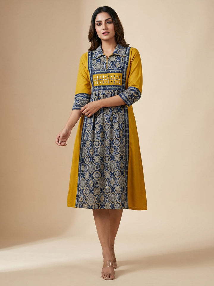 Yellow Embroidered Cotton Blend Straight Kurta