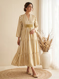 Yellow Cotton Blend V Neck Embroidered Kurta