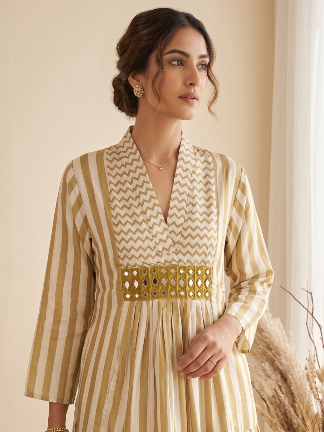 Yellow Cotton Blend V Neck Embroidered Kurta
