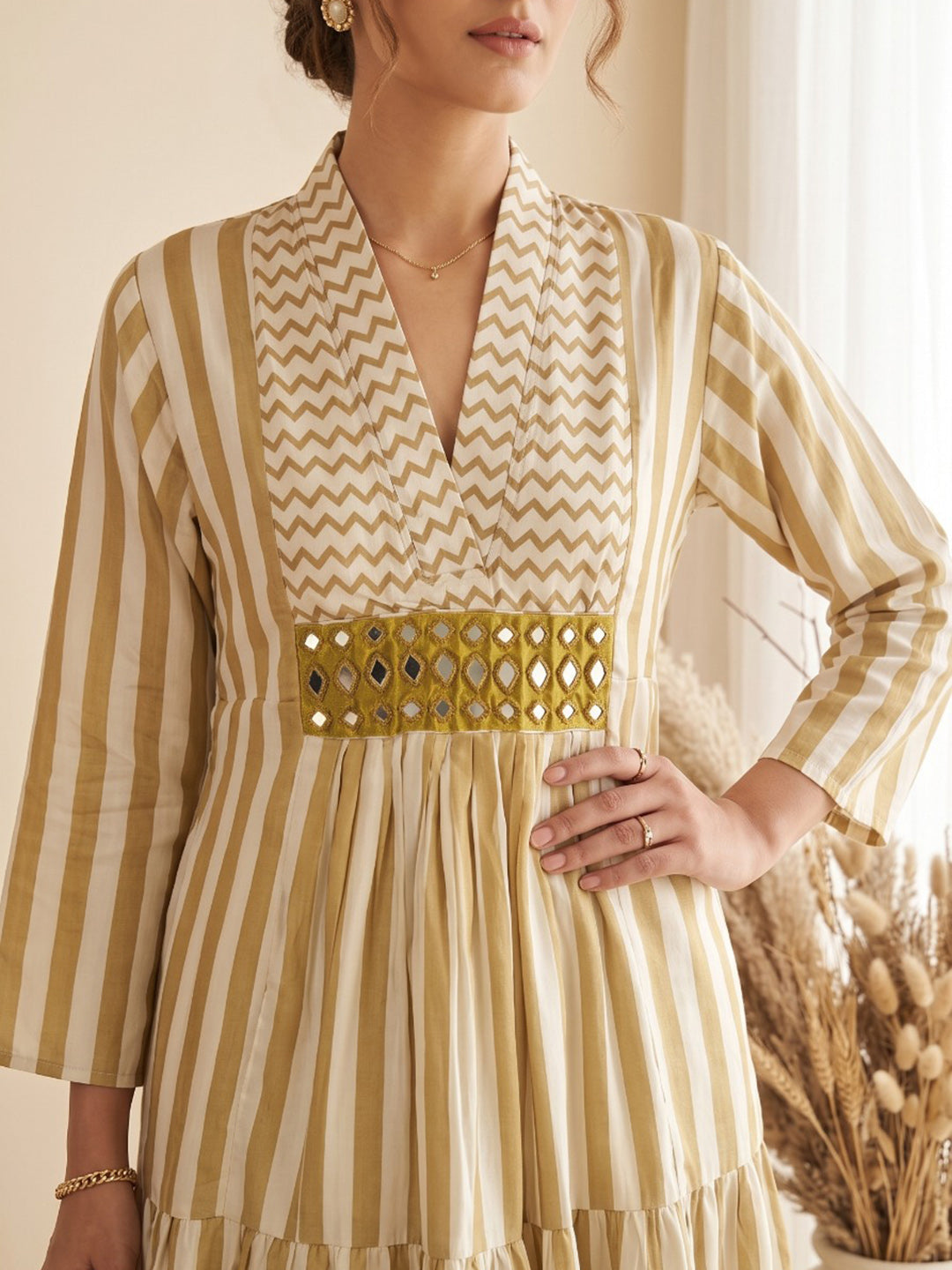 Yellow Cotton Blend V Neck Embroidered Kurta