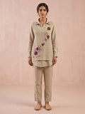 Cream Embroidered Cotton Blend Round Neck Straight Kurta With Pant