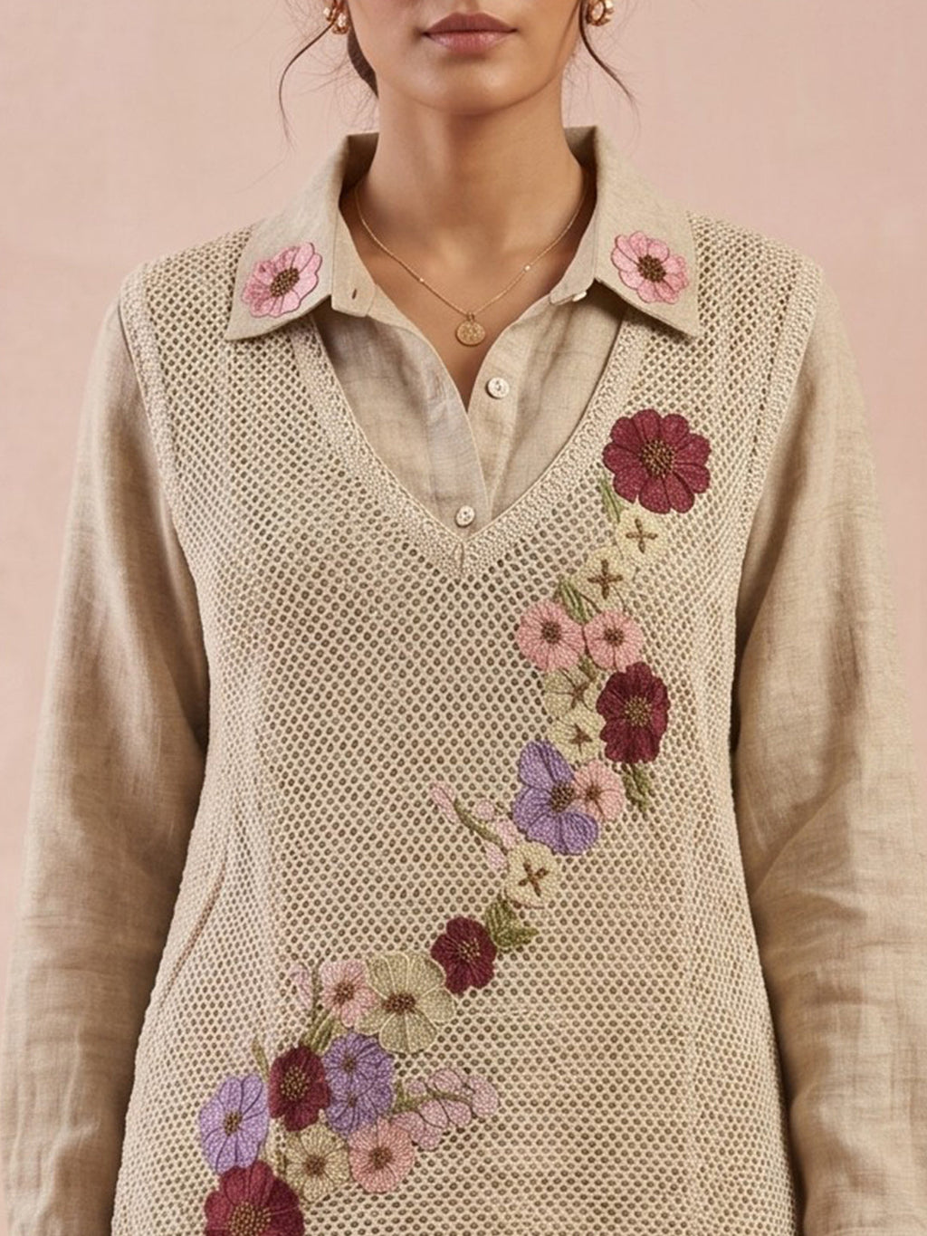 Cream Embroidered Cotton Blend Round Neck Straight Kurta With Pant