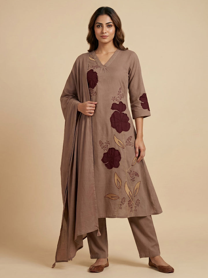 Brown Embroidered Cotton Blend Straight Round Neck Suit Set