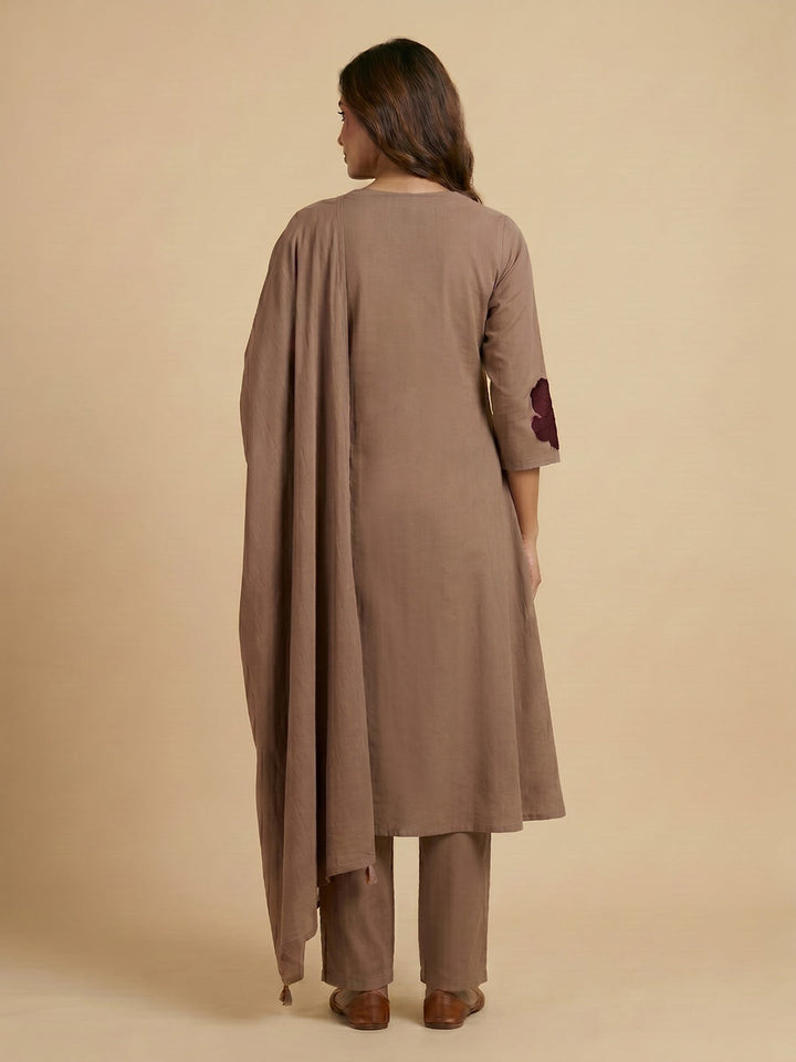 Brown Embroidered Cotton Blend Straight Round Neck Suit Set