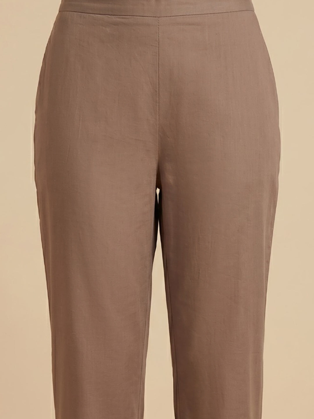 Brown Embroidered Cotton Blend Straight Round Neck Suit Set