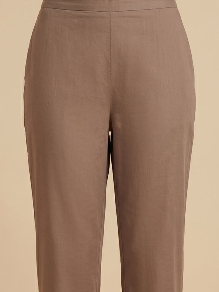 Brown Embroidered Cotton Blend Straight Round Neck Suit Set