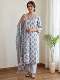 Sky Blue Printed Cotton Blend Kurta With Pant & Dupatta