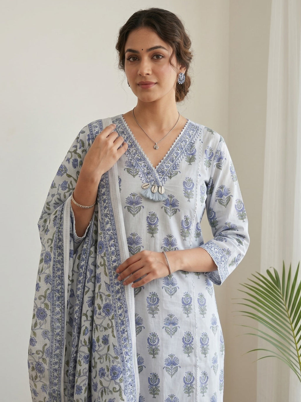 Sky Blue Printed Cotton Blend Kurta With Pant & Dupatta
