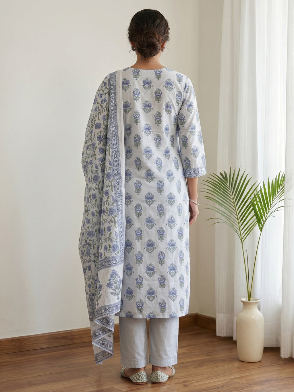 Sky Blue Printed Cotton Blend Kurta With Pant & Dupatta