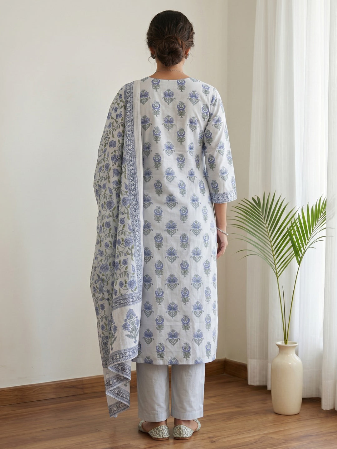 Sky Blue Printed Cotton Blend Kurta With Pant & Dupatta