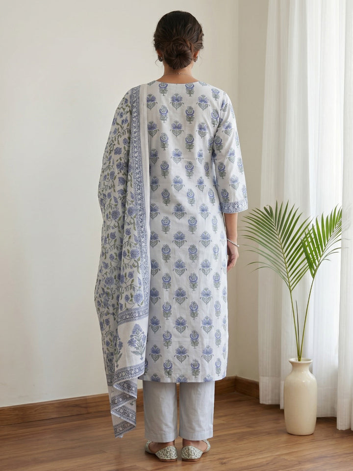 Sky Blue Printed Cotton Blend Kurta With Pant &amp; Dupatta